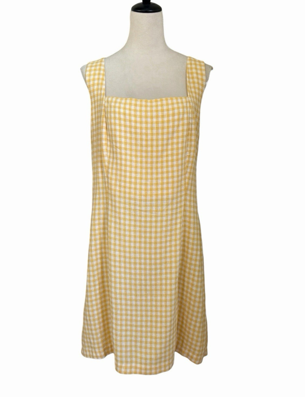 Old Navy Linen Blend Square Neck Yellow White Gingham Mini Dress XXL Smocked NWT